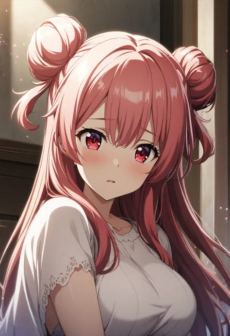 1 girl, light red hair, two side buns on each side of her head, long hair, red eyes, delicate features, big breasts, CG