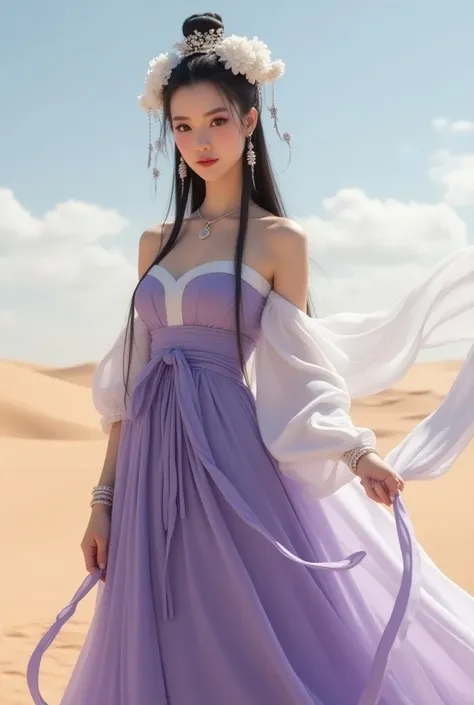 Chinese princess, a woman with long straight hair, big breasts, wearing a purple Chinese dress with elegant, smooth long shoulders, many white flower hair ornaments, high hair boxing, looking at the camera, holding a long white cloth, a lot of fabric, flic...