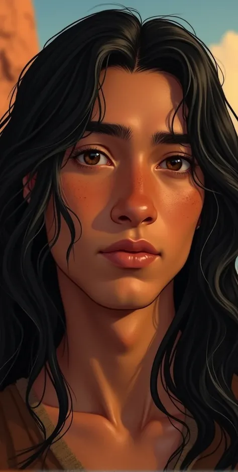 High Resolution, Long Hair, male, 20s, mixed navajo, Long jet-black hair, Almond-shaped eyes deep brown, Strong slightly upturned nose small scar on the bridge, warmly tanned skin tone, faint freckles sprinkled across nose and cheeks