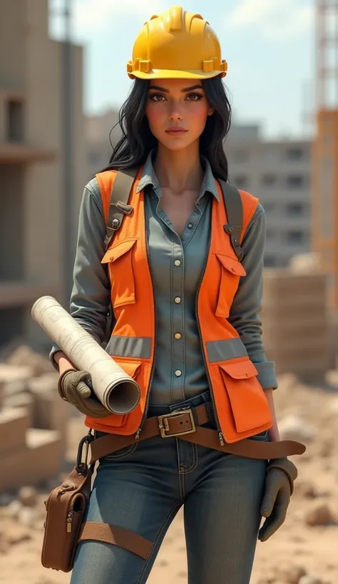 A highly detailed 3D CGI render of a female construction worker inspired by Adriana Lima. She stands confidently at a construction site, wearing a yellow hard hat and reflective safety vest over rugged work clothes. Her dark hair is pulled back, and her fo...