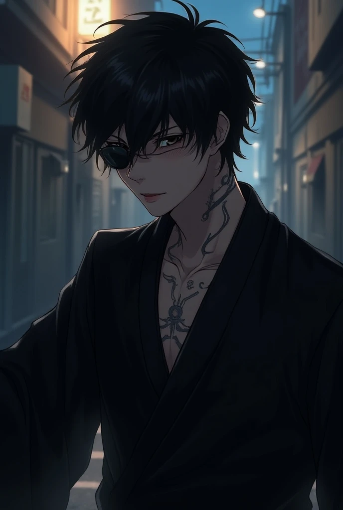  anime style、Black Hair、male、Scars all over the body、Sunglasses、 tattoo on face 、Back Alley、Evil smile、young、 handsome、 hair to hide one eye, Disheveled Hair,  Overlooking,  Black Kimono