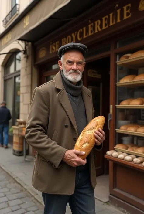 Créer une photo réaliste dun homme âgé qui sort dune boulangerie avec une baguette de pain