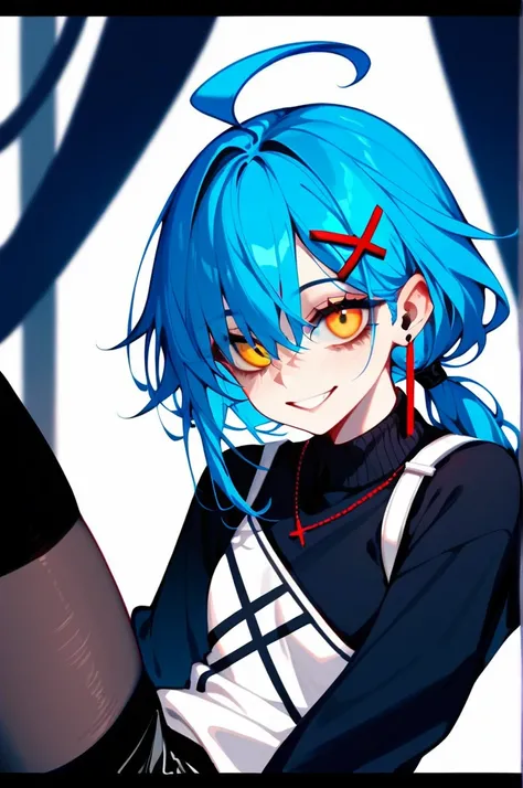 High image quality
 1 girl ,  Golden Eyes ,   Blue Hair、Shortcuts with split ends,   low ponytail in tights、  Earrings for One Woman ,  Ahoge,   asymmetrical bang ,  x-shaped hair ornament,  black shorts with a sweater showing the left shoulder、 zitales  、...