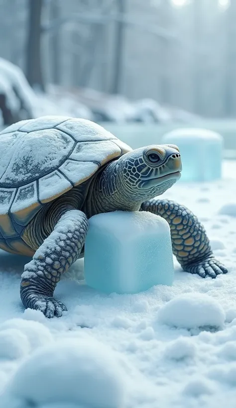 Snow ice and turtle are standing face to face ware turtle is eating ice background snow