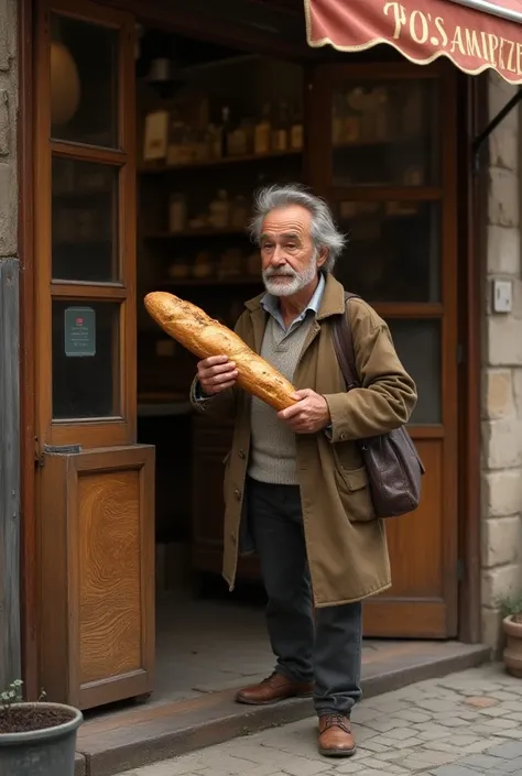 Créer une photo réaliste dun homme âgé qui sort dune boulangerie avec une baguette de pain