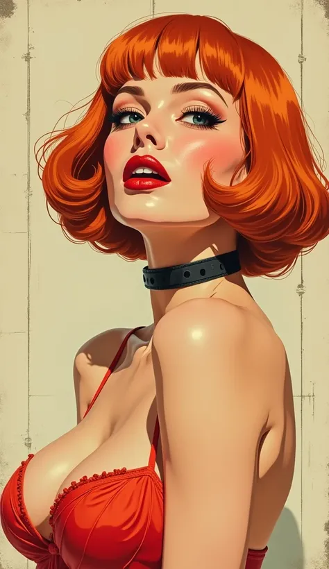 Flat aesthetic with line art, lustful suffering , the submissive diva, suck lips, top, iron collar,  posing, vintage, orgasm, bob haircut,orange hair, red, close-up