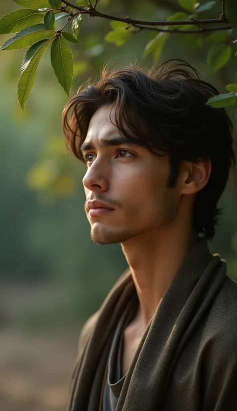 Islamic) Close-up of the young man, lost in thought, with a contemplative expression, looking at the tree with appreciation.