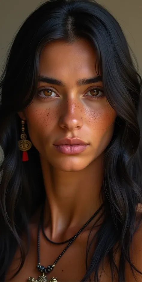 High Resolution, Long Hair, male, 20s, mixed navajo, Long jet-black hair, Almond-shaped eyes deep brown, Strong slightly upturned nose small scar on the bridge, warmly tanned skin tone, faint freckles sprinkled across nose and cheeks