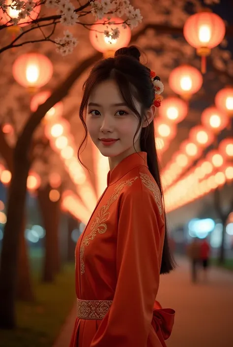 depict a realistic photo, a beautiful Thai woman has beautiful eyes, white skin, hair tied up with a ribbon, wearing a long sanghai ping shirt, womens shoes, standing elegantly while smiling sweetly facing the camera, enjoying the night of the lantern part...