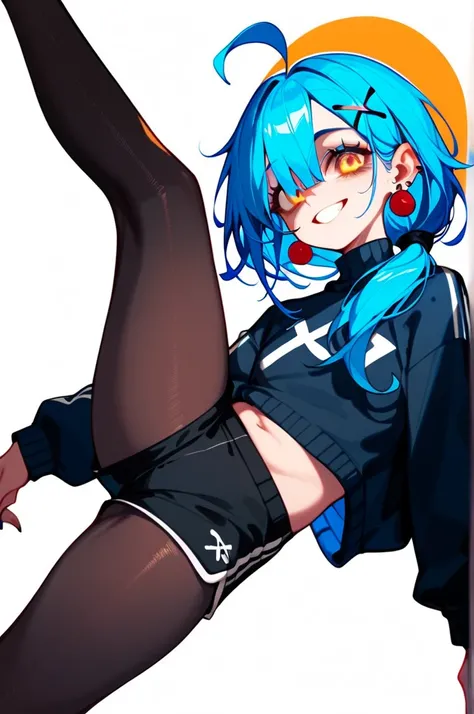 High image quality
 1 girl ,  Golden Eyes ,   Blue Hair、Shortcuts with split ends,   low ponytail in tights、  Earrings for One Woman ,  Ahoge,   asymmetrical bang ,  x-shaped hair ornament,  black shorts with a sweater showing the left shoulder、 zitales  、...