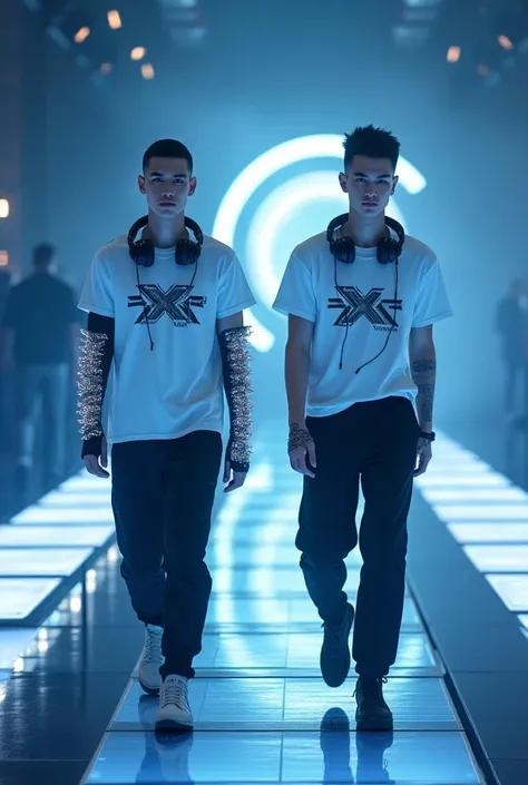  virtual reality image. Two handsome young K-pop idols , short hair skinhead, , Wear a white t-shirt with a luminous SXR design, Walking on the runway of a fashion show .  The SXR brand cyberpunk dress has an unusual and modern design ,   featured sleeves ...