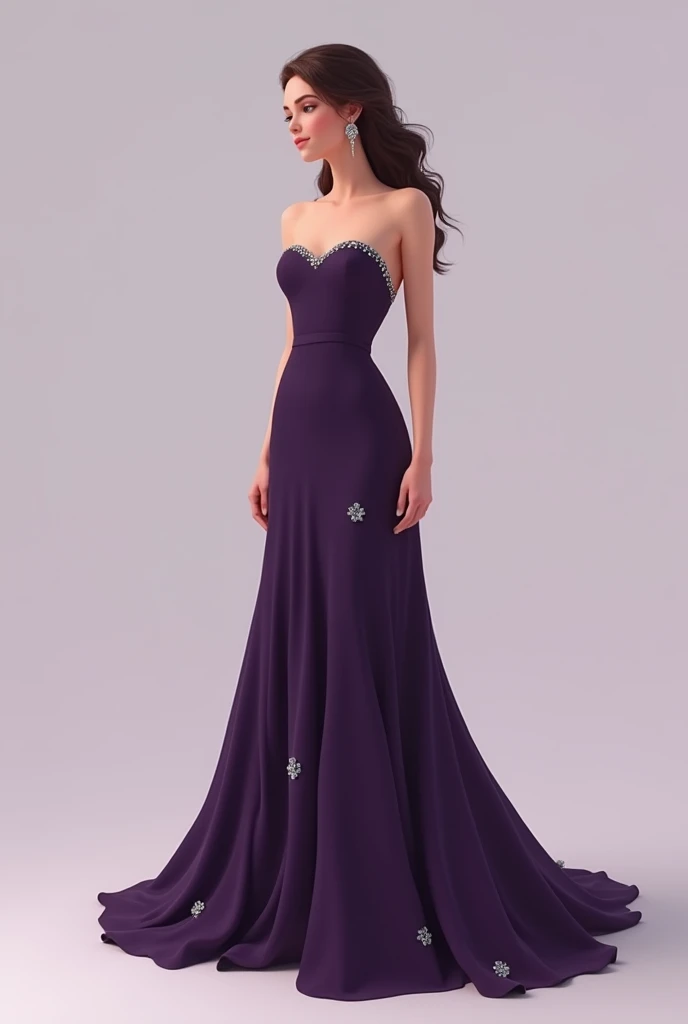 a 5’2, 60 kilogram, 31inch waistline light medium skin tone girl that wears sweetheart neckline dark violet maxi dress that has very simple silver sequence on knees