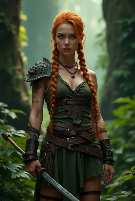 Ultra realistic, 21 year old, warrior woman, ginger hair, braided, standing guard at a forest entrance, she has light green eyes, female tribe armor with arms and torso exposed, fierce but friendly look, full body shot