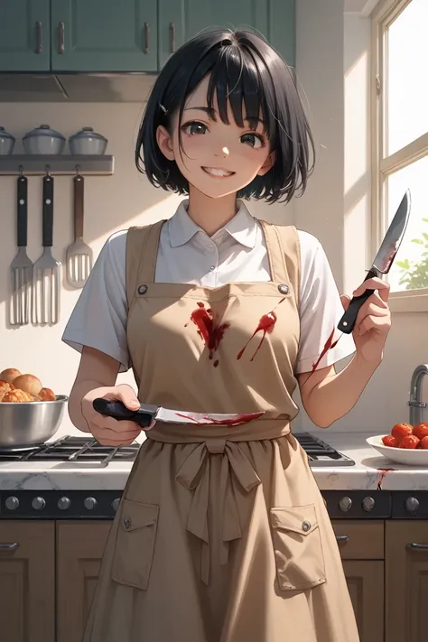 an anime style girl standing in a kitchen holding two knives in her hands,wearing  apron over school uniform,short hair,black hair,smile,,looking at viewer,blood on her face and her apron,