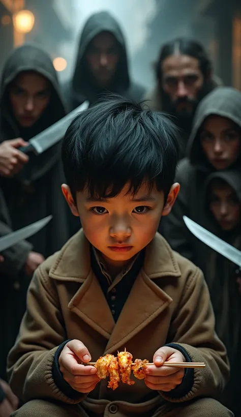 Close-up of Chinese boy in brown coat sitting eating grilled skewers attacked by gypsies with knives