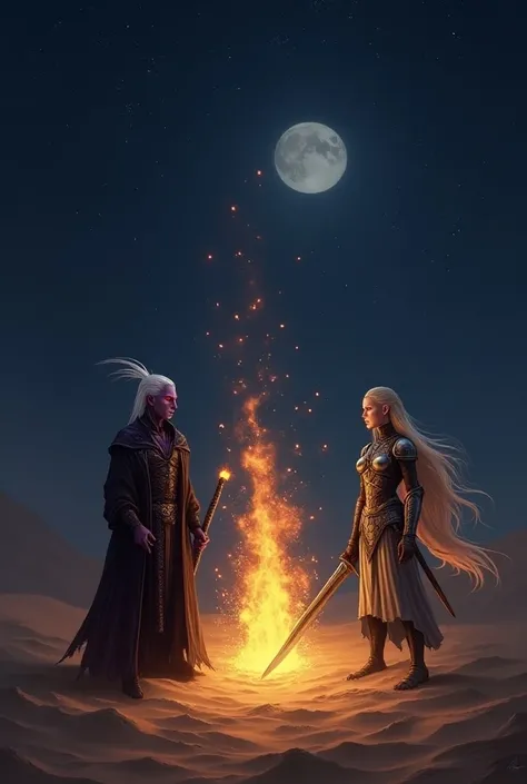 [image: A desert at night with a fire ]

[left:]
*  Drow male sorcerer with dark purple skin,  with white hair and red eyes .  He is wearing black and purple clothes and holding a staff .

[in the center:]
*  A fire with bright flames and sparks , rising i...