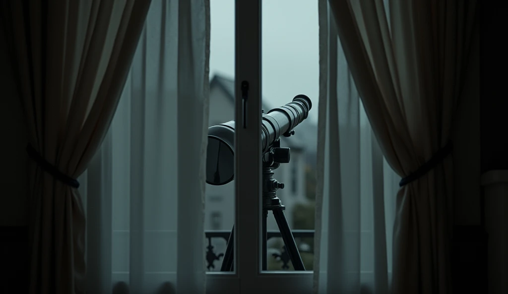 Photographing a house window from outside，The closed curtain revealed a gap ， and see a telescope vaguely in the gap inside，The gap is very small ， can only see the mirror hole of a telescope ，Hyperrealism