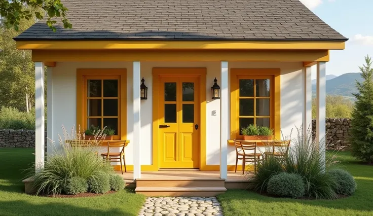  Take a picture of a house from the outside ，Can see the window ， light yellow solid wood window frame