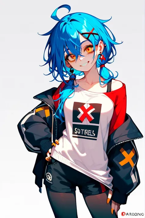 High image quality
 1 girl ,  Golden Eyes ,   Blue Hair、Shortcut with the tips of the bristles sticking outward,   low ponytail in tights、  Earrings for One Woman ,  Ahoge,   asymmetrical bang ,  x-shaped hair ornament,  black shorts with a sweater showing...