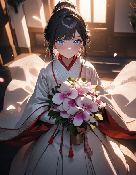 (absurdres, highres, ultra detailed, detailed face), 1girl,16yo,solo,(updo),red and white uchikake with a luxurious pattern,black hair,Moth orchid hair Accessorie,light blue mascara,holding Moth orchid bouquet one hand,looking at the hand holding the bouqu...