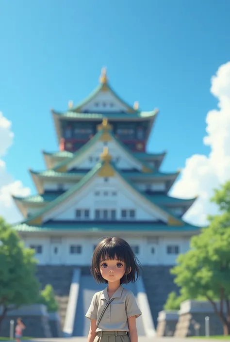  little girl　blue sky　background　Nagoya Castle　　Stand in front of
masterpieces,  Hi-Res, Best Quality,  High Definition Model ,  High Details ,  very detailed,  textured skin,  very detailed, 