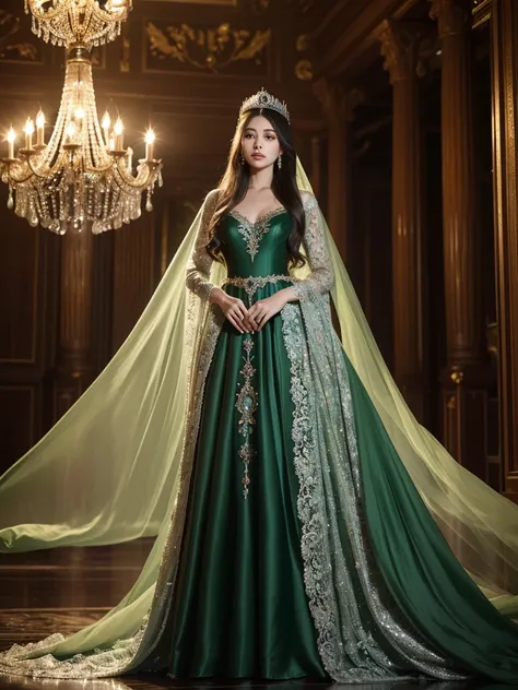 "A full-body portrait of a breathtaking queen in an opulent, dark forest green gown that combines elegance with a touch of mystery. The gown features a high, lace-trimmed neckline and intricate silver and sapphire embroidery that adorns the bodice and cont...