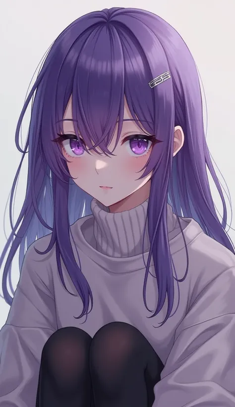 yuri,  purple eyes ,  purple hair ,  hair between the eyes , clip  , dressed in a sweater with black tights turned upside down 