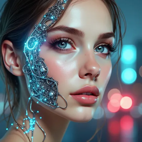 a beautiful russian girl, cyberpunk city background, half of her face shows glowing wires like a cyborg, (best quality,4k,8k,highres,masterpiece:1.2),ultra-detailed,(realistic,photorealistic,photo-realistic:1.37),portrait,digital art,concept art,intricate ...