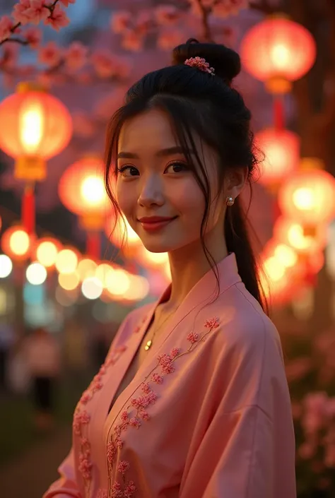 depicts a realistic photo, a beautiful Thai woman with beautiful eyes, white skin, hair tied with a ribbon, wearing a long sanghai shirt with a ping flower pattern, womens shoes, standing gracefully while smiling sweetly facing the camera, enjoying a night...