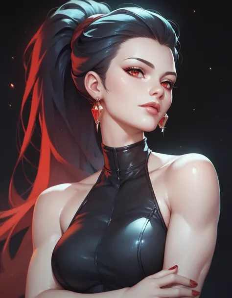 female black sleeveless catsuit with bare shoulders and racerback, bare toned arms, beautiful faces, red nail, black ponytail with showing forehead, earrings, soft smooth skin, pale skin, black background, red eyes, sci-fi