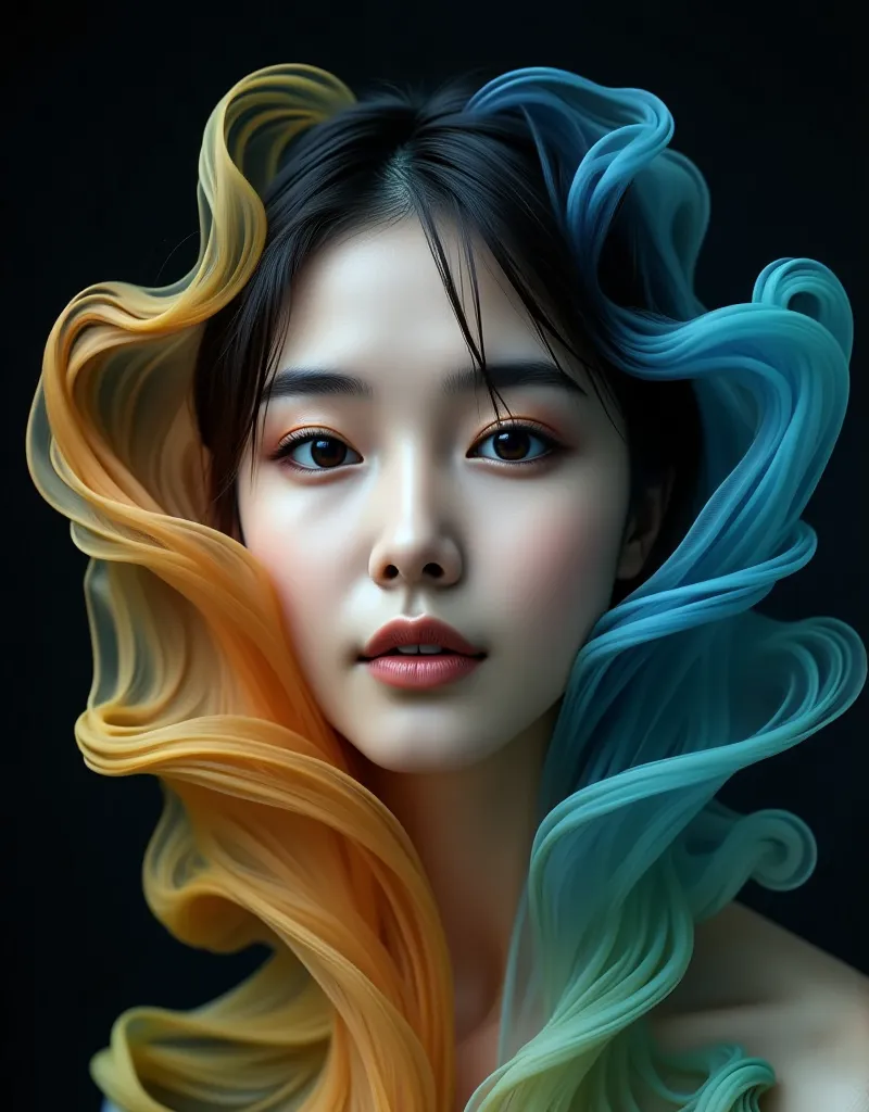 A very realistic photograph of an Asian womans upper body close-up, her face slender, with a softbox illuminating the womans face and revealing the detailed texture of her skin and eyelashes. (A swirling, turquoise and orange bi-toned mist envelops her in ...