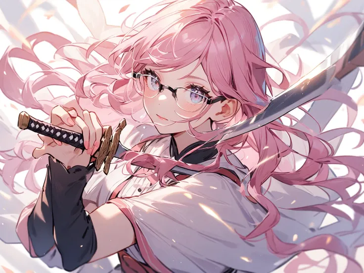 A girl with pink hair, glasses, and a sword in her hands