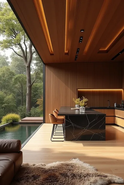 Professional 3d architecture rendering design of modern and minimal for triangles wooden kitchen elegan wooden jungle’s villa  with triangles windows in autumn  and beige and black  and chocolate color cabinets and black marble island with 3 chocolate chai...