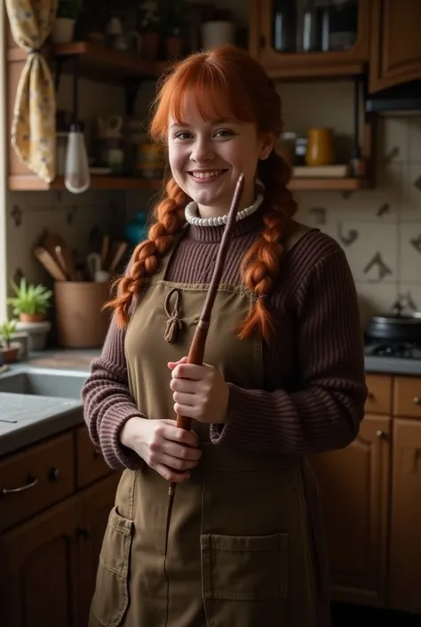  Molly stands in a cozy kitchen with a warm smile and a magic wand in the Hand.  In terms of appearance, Molly Weasley has auburn hair ,  that she usually wears in a bun or braid .  She has a rounded face and radiates warmth and friendliness .  Her clothin...