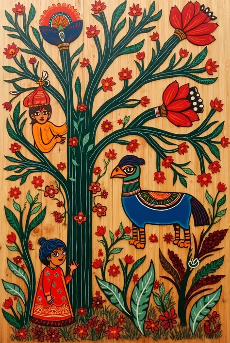 
folk art of Bangladesh on a cut piece of Bamboo