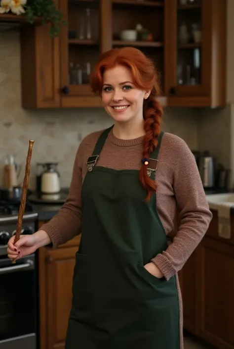 Molly is standing in a cozy kitchen with a magic wand in her hand.  In terms of appearance, Molly Weasley has auburn hair ,  that she usually wears in a bun or braid .  She has a rounded face and radiates warmth and friendliness .  Her clothing style is si...