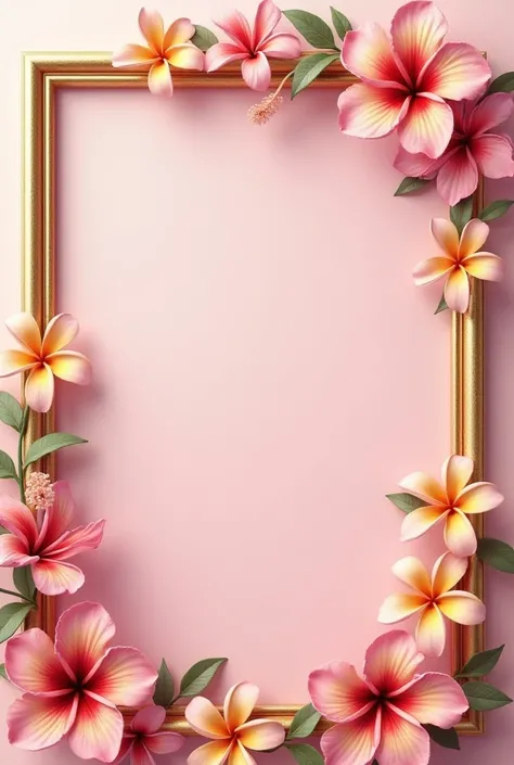  decorated golden rectangular frame,  tropical flowers , bright colors, hibiscus , plumeria , elegant design, flower composition, Decorative Frame,  romantic aesthetic , Photorealism,  high detail ,  soft lighting, 3D rendering,  Digital art , Pastel backg...