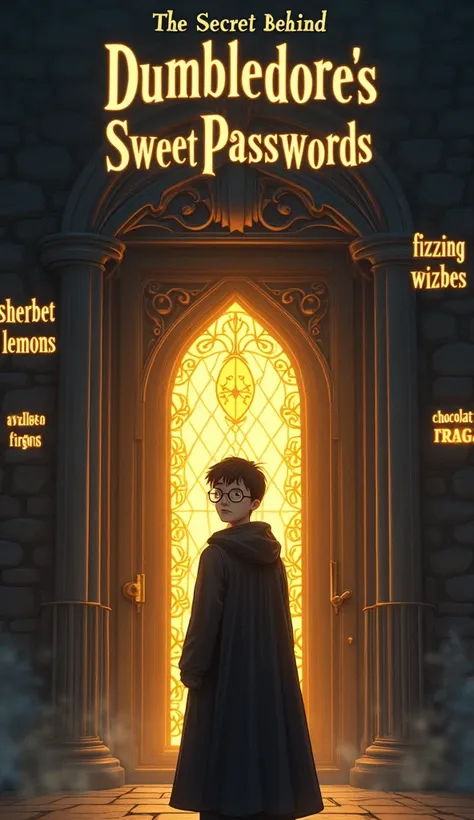 Harry potter movie reference A captivating YouTube short thumbnail set in the enchanting Hogwarts castle. Focus on an ornate, glowing office door, emanating a soft, magical light. Surround the door with floating text that reads Sherbet Lemons, Fizzing Whiz...