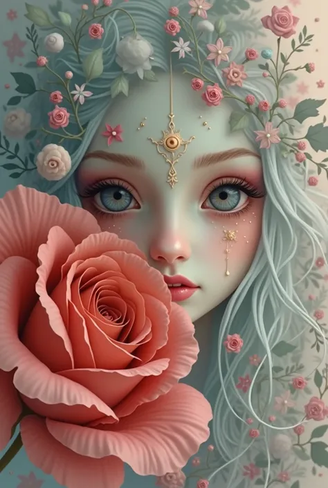 Exquisite details,  surreal atmosphere ,  ethereal beauty,  vibrant colors  ,  soft lighting, fantasy theme , mystical presence, Delicate Foliage ,  a beautiful red rose,  intricate patterns , Dream quality, Captivating gaze,  flat illustration 