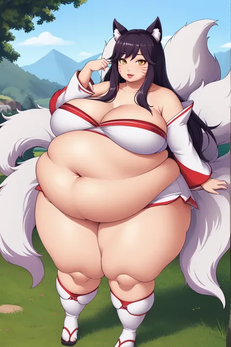 masterpiece, best quality, highres, ah1, facial mark, multiple tails, fox tails, korean clothes, cleavage, bare shoulders, detached sleeves, outdoors, standing, cowboy shot, chubby, chubby girl, curvy, large breasts, lips, plump, thick thighs, thighs, (((o...