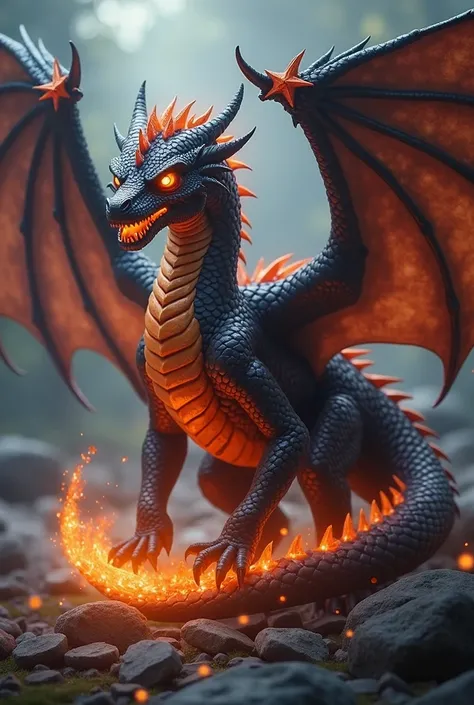 "Create a vivid and detailed description of a dragon that embodies the essence of dark fire and possesses a crystal-like aura. The dragon should be depicted with unique features that reflect its elemental power, such as scales that shimmer like precious st...