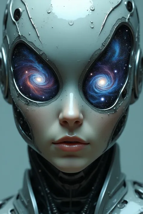 headshot of cyborg, complex patterns in eyes resembling the universe 