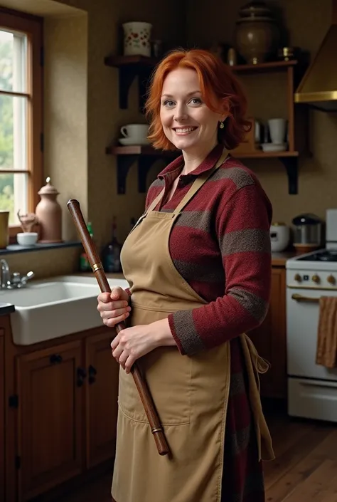 Molly is standing in an old-fashioned ,  cozy kitchen with a magic wand in her hand.  In terms of appearance, Molly Weasley has auburn hair ,  that she usually wears in a bun or braid .  She has a rounded face and radiates warmth and friendliness .  Her cl...