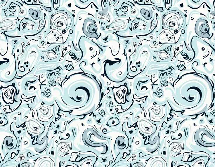 Create a seamless, vintage abstract pattern featuring only light blue and black colors. The design should have a hand-drawn, doodle style with intricate, whimsical elements that give it an aged, classic feel. Use a mix of swirls, florals, and geometric sha...