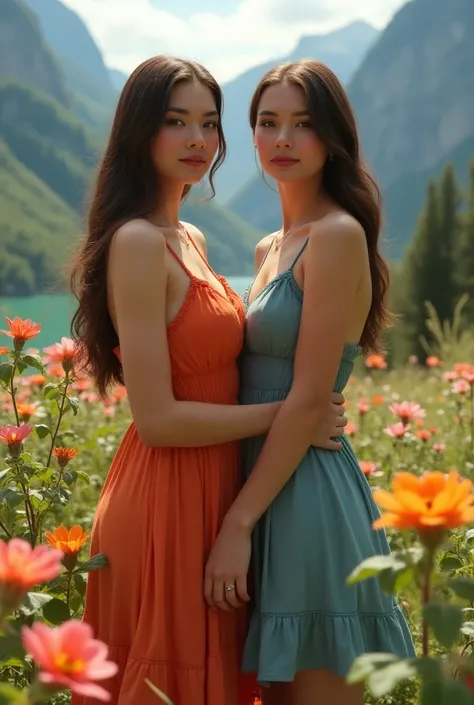 18 year old beautiful sexy twin sisters, outdoors, flowers , mountains, busty, busty, busty, busty, busty, busty, wearing sundresses