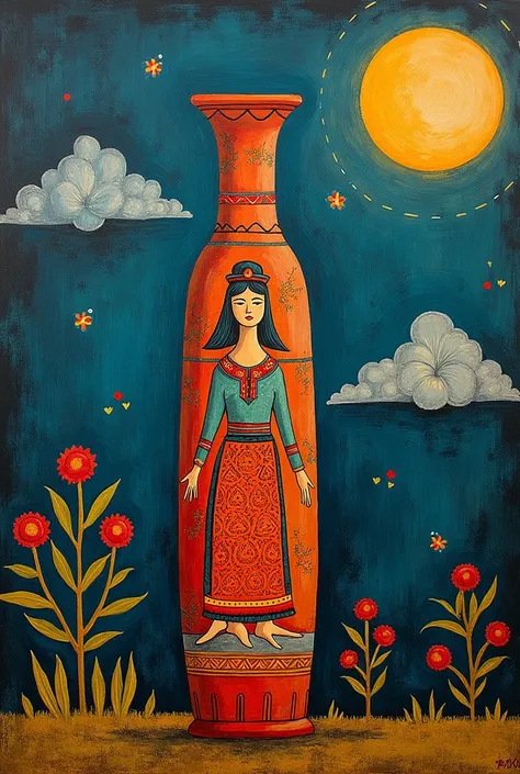 
there is a tall vase with a picture of a woman on it, tribal art, traditional folk art style, contest winning masterpiece, totem 2, painted tower of the moon, by Juan OGorman, dital painting, traditional art, contemporary art, by Ingrida Kadaka, folk art,...