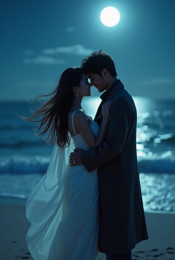 Couples At the beach at night The girl i wearing White saree and the boy is wearing Black coat And they Kiss Each other And moonlight Spot on their face and Girls hair is Flying on wind