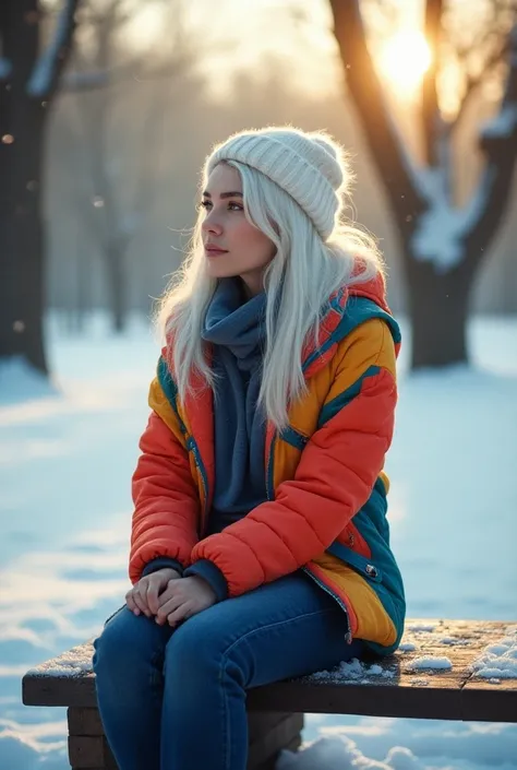 Contemplation of beauty. Young beautiful woman with white hair in a colorful jacket sits on a wooden bench in a deserted snowy park early in the cold morning. Oil painting. High sharp detail. Soft morning light. Realistic, bright colors. Beautiful detailed...