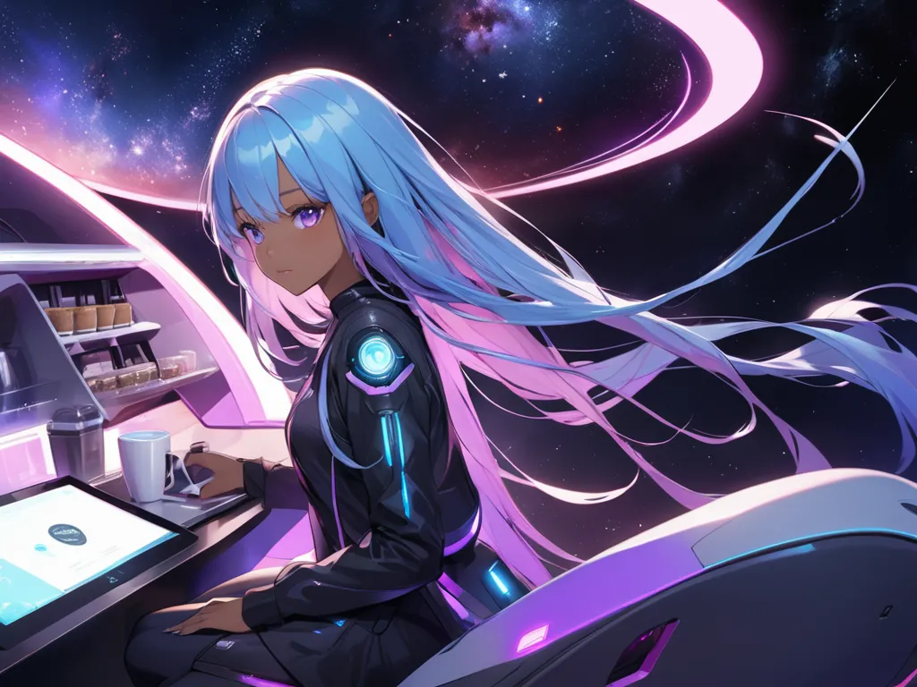 Futuristic girl,  dark skin ,   Purple Eyes, space,  purple hair,  blue hair ,  with pink hair , Long hair,  dark skin , Futuristic Coffee Shop