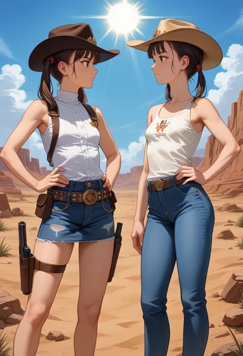 (best quality, 4k, 8k, highres, masterpiece:1.2), 2girls, looking at each other, small girls, young girls, small breasts, twin tails, bangs, cowboy hats, sleeveless tops, denim skirt, denim jeans, leather belts, belt buckles, bare shoulders, visible navel,...